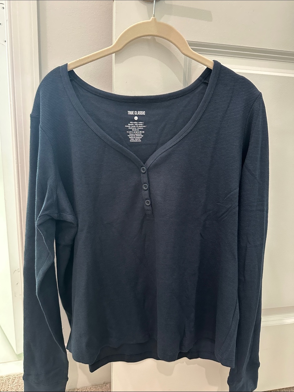 True Classic Women's Long-Sleeve Henley Tee in Dark Blue